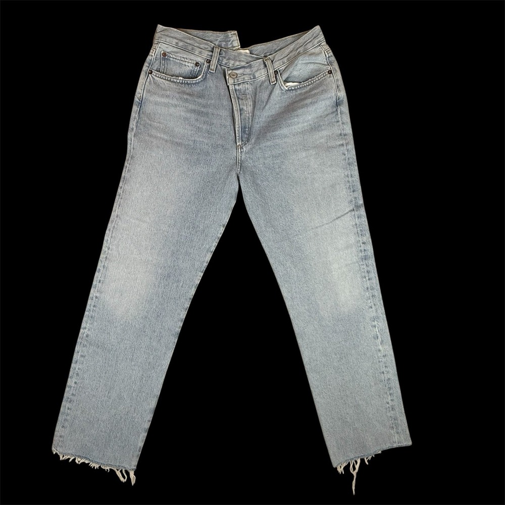 Agolde Criss Cross Straight Jeans Women 30 Light Blue Asymmetrical Button Fly